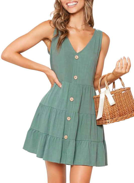 V Neck Button Down Casual Pocket Swing Short Dress
