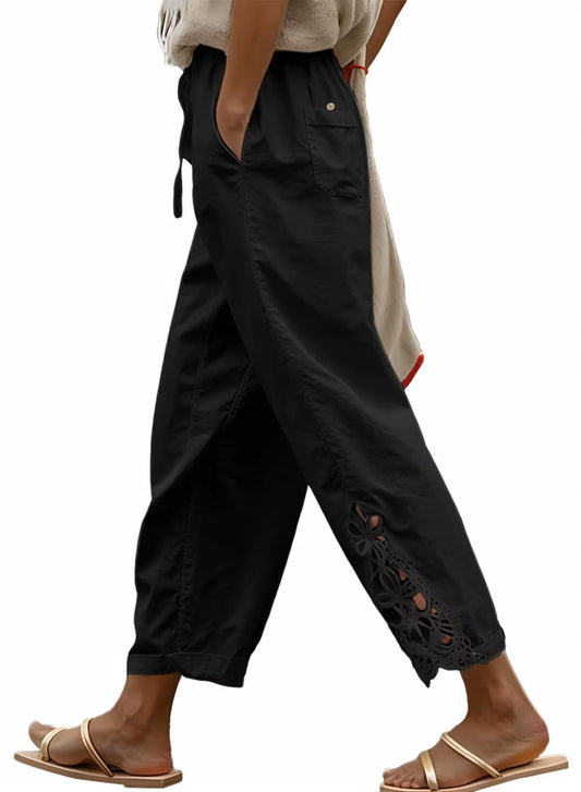 Linen Pants Lightweight Drawstring Elastic Black