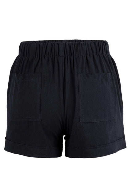 Drawstring Elastic Waist Pocketed Shorts Pants Black