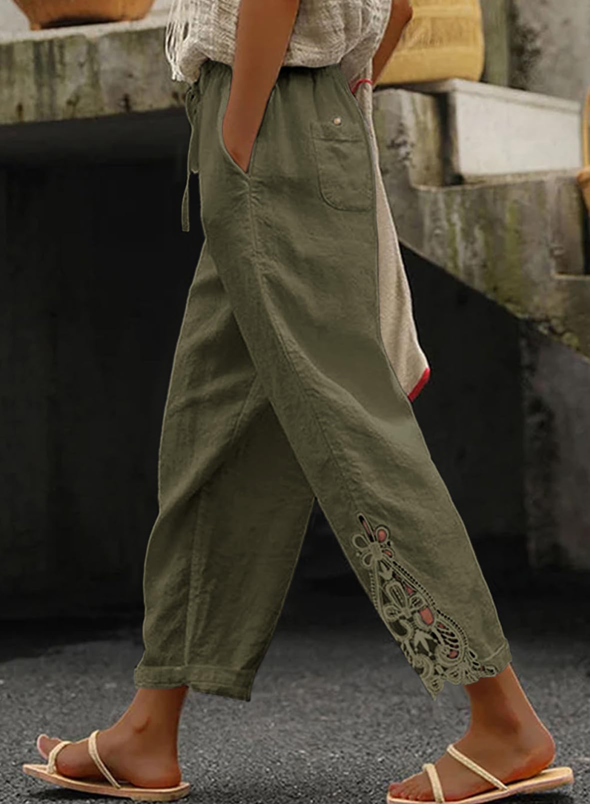 Linen Pants Lightweight Drawstring Elastic Capri Pants Trousers