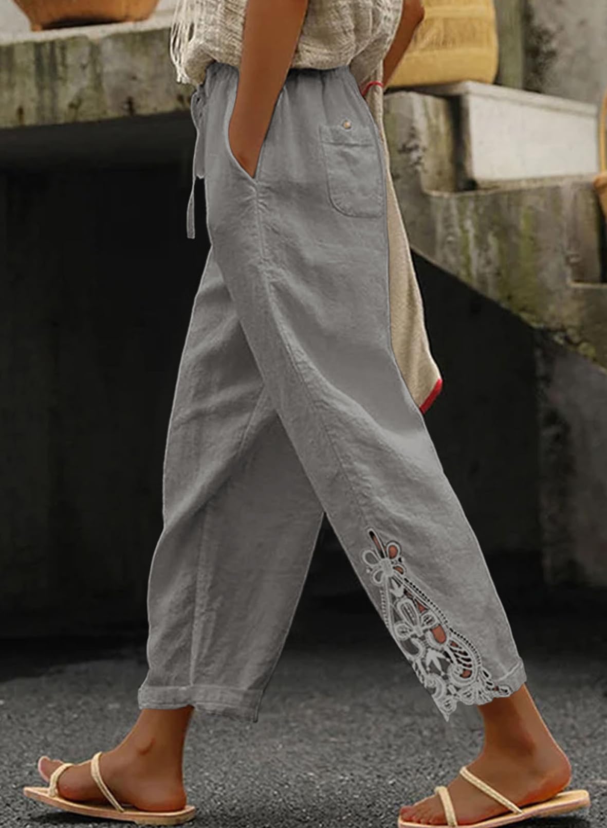 Linen Pants Lightweight Drawstring Elastic Capri Pants Trousers