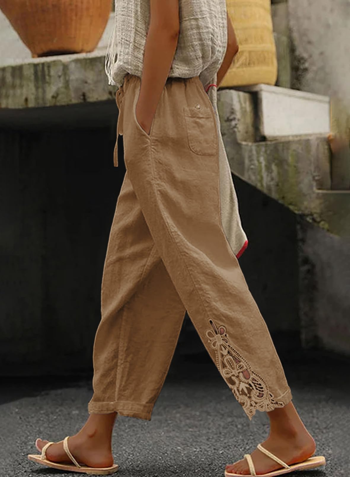 Linen Pants Beach Capri Pants Trousers  Khaki