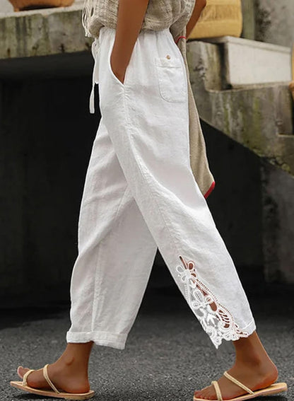 Linen Pants Lightweight Drawstring Elastic Waist White