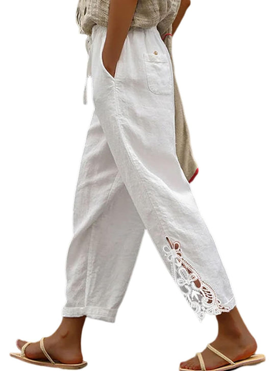 Linen Pants Lightweight Drawstring Elastic Waist White