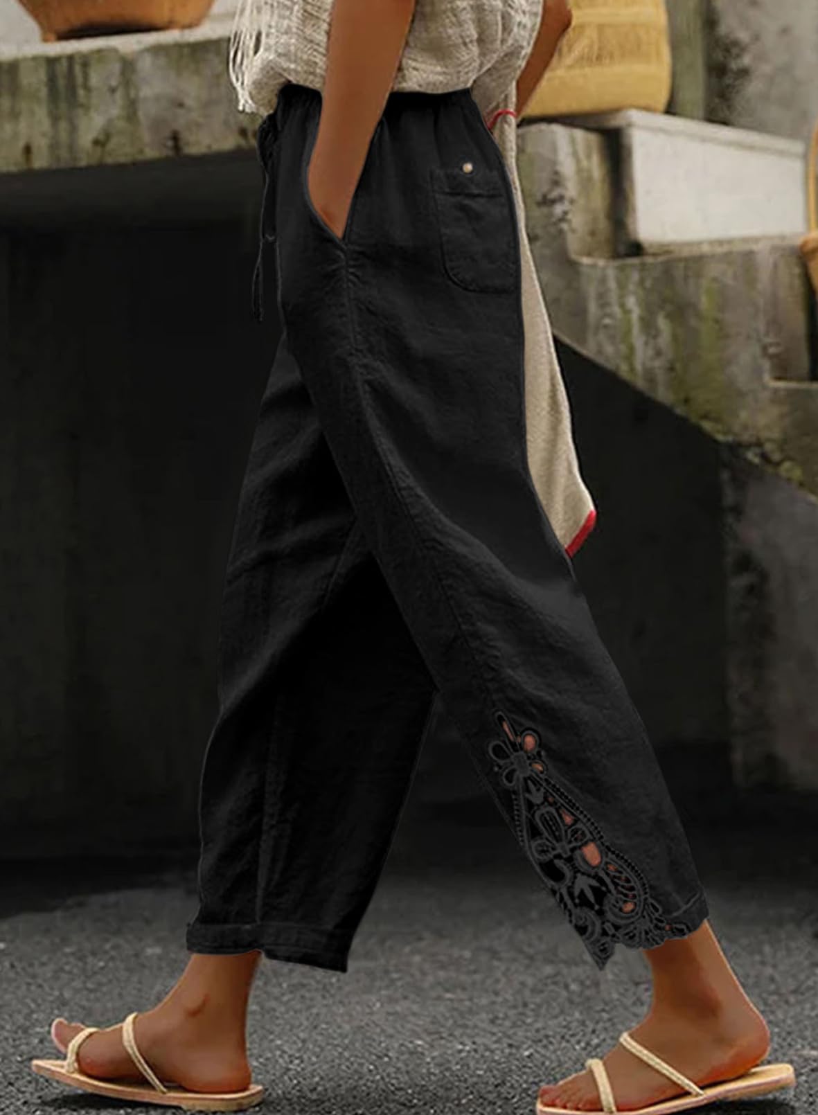 Linen Pants Lightweight Drawstring Elastic Black