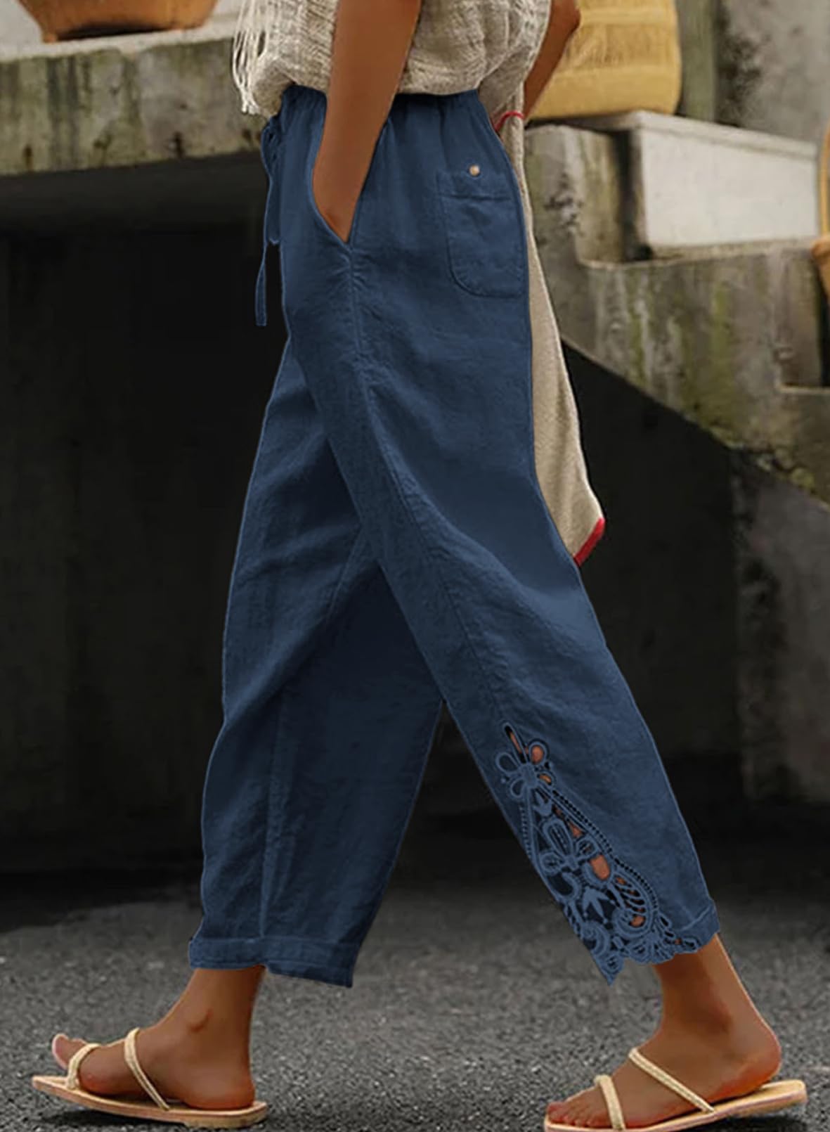 Linen Pants Beach Capri Pants Trousers Blue