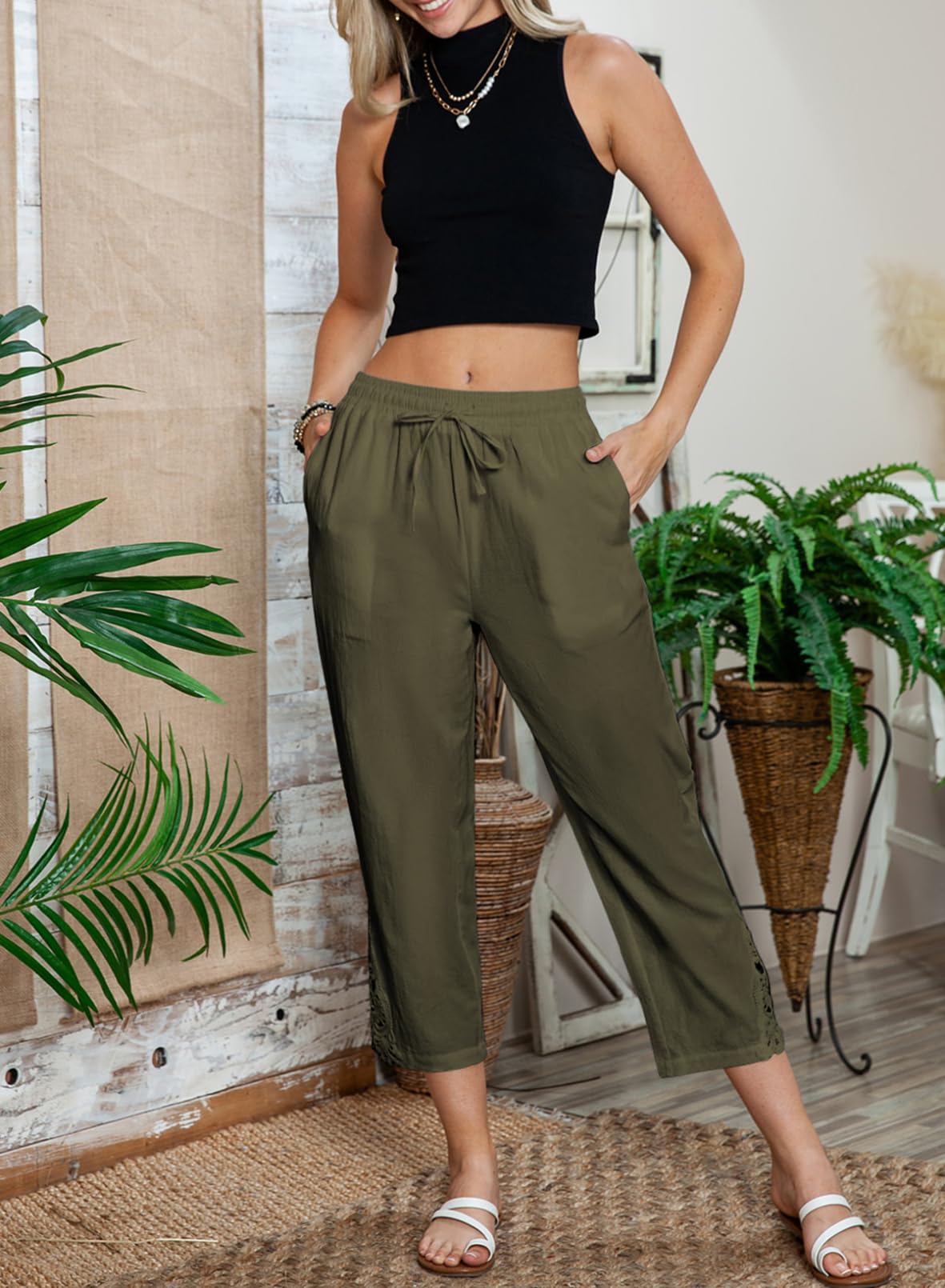 Linen Pants Lightweight Drawstring Elastic Capri Pants Trousers