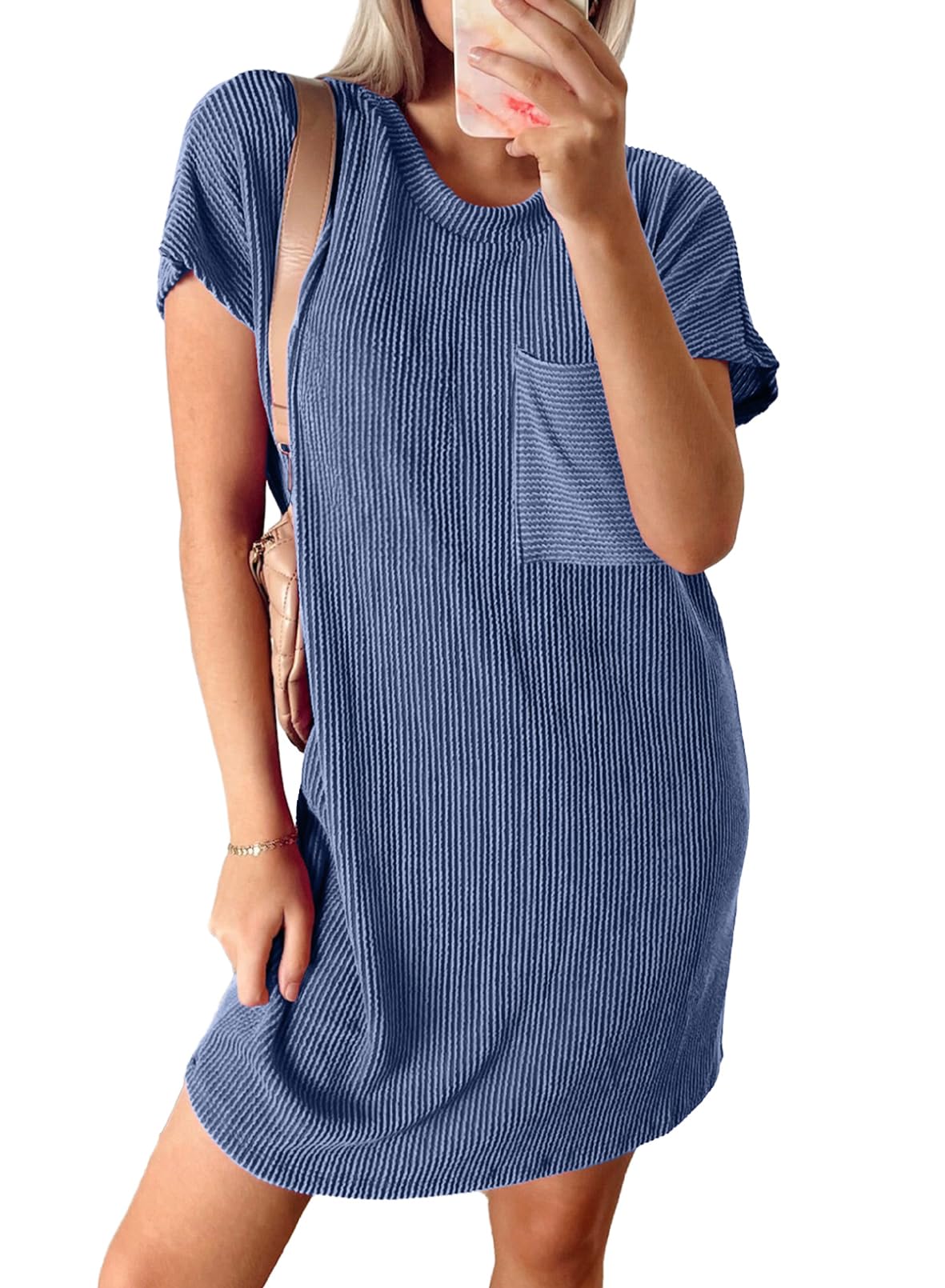 Crewneck Short Sleeve  Mini Dresses Blue