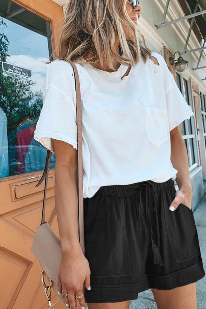 Drawstring Elastic Waist Pocketed Shorts Pants Black