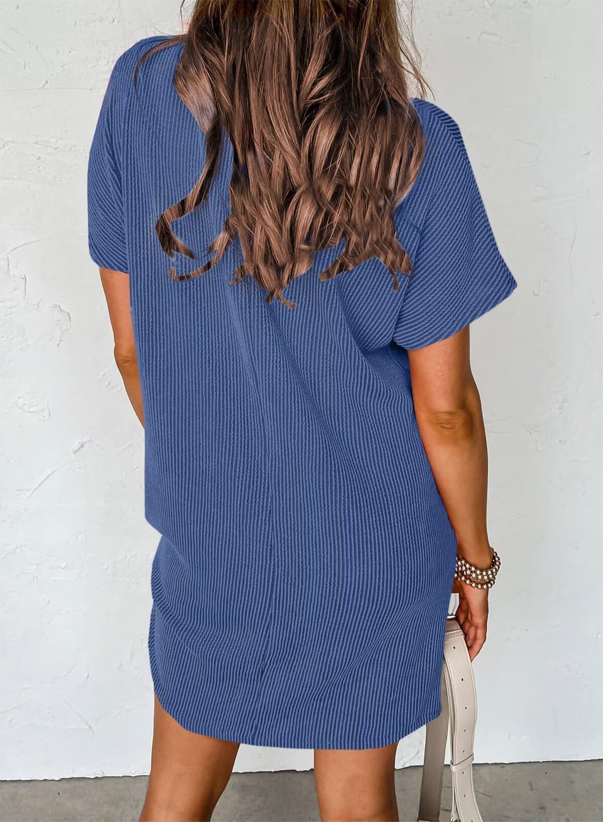 Crewneck Short Sleeve  Mini Dresses Blue
