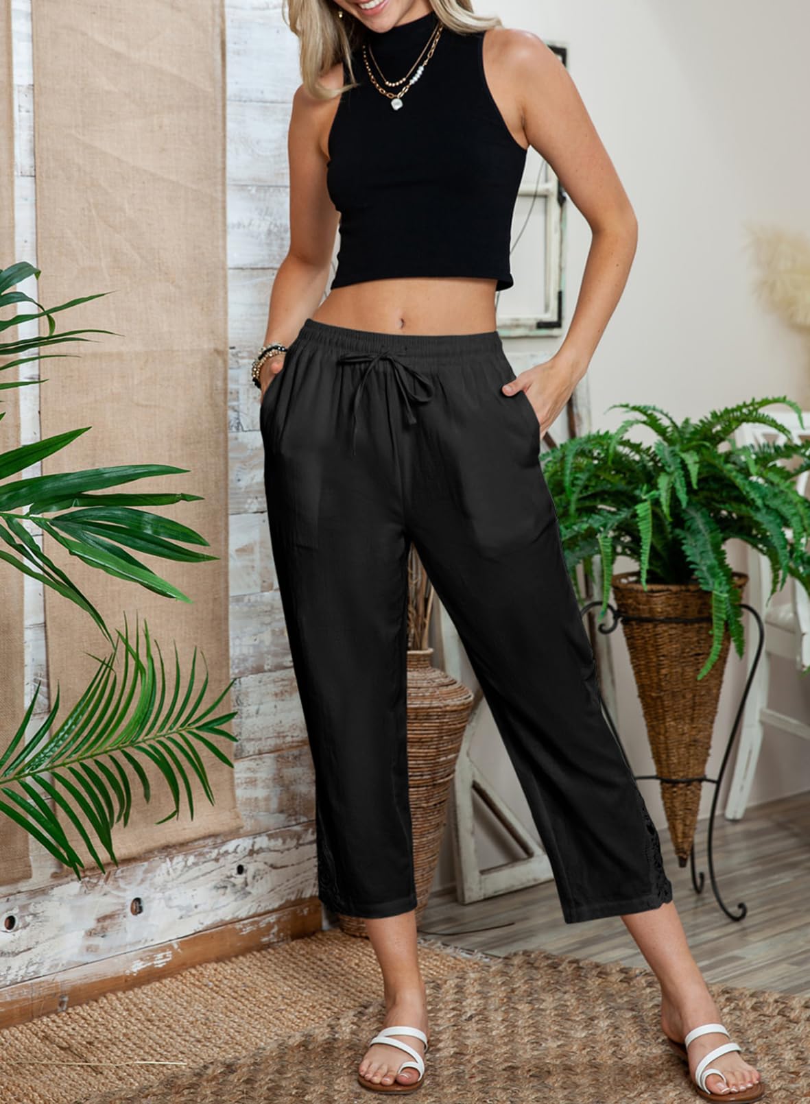 Linen Pants Lightweight Drawstring Elastic Black