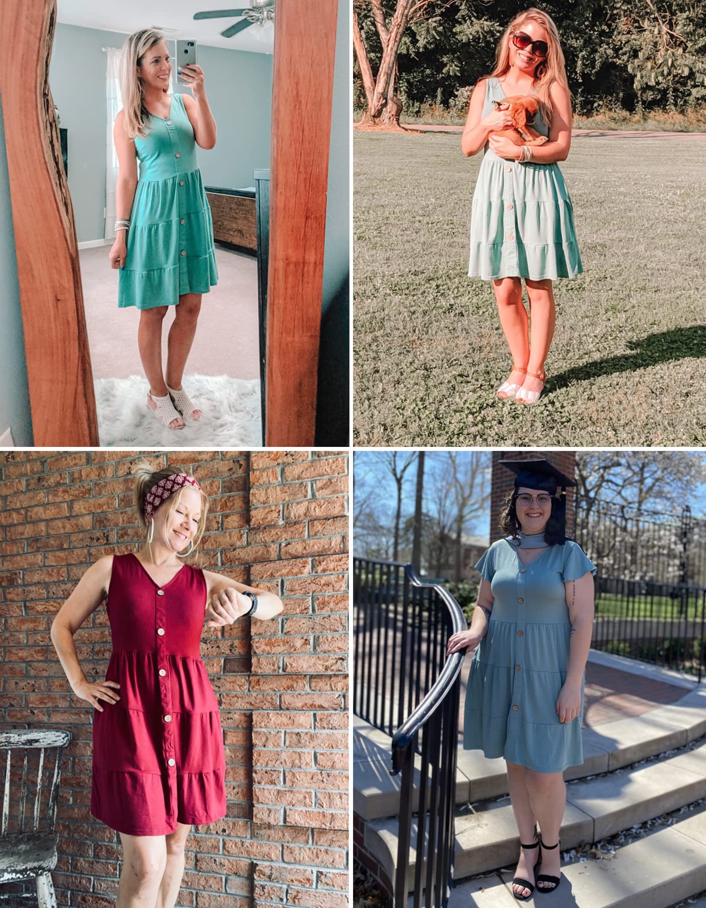 V Neck Button Down Casual Pocket Swing Short Dress