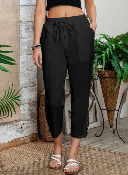 Linen Pants Lightweight Drawstring Elastic Black