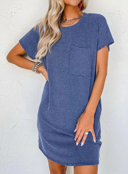 Crewneck Short Sleeve  Mini Dresses Blue