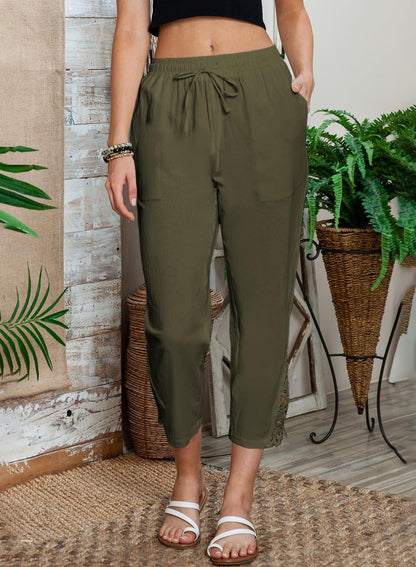 Linen Pants Lightweight Drawstring Elastic Capri Pants Trousers