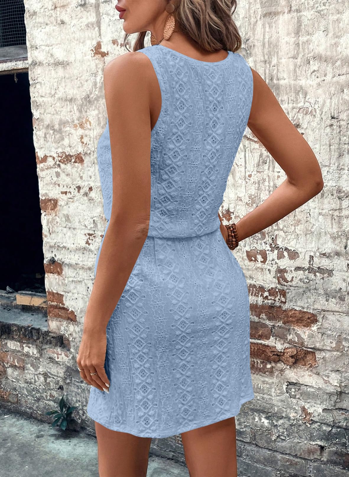 Hollow Out Textured Drawstring Mini Dress