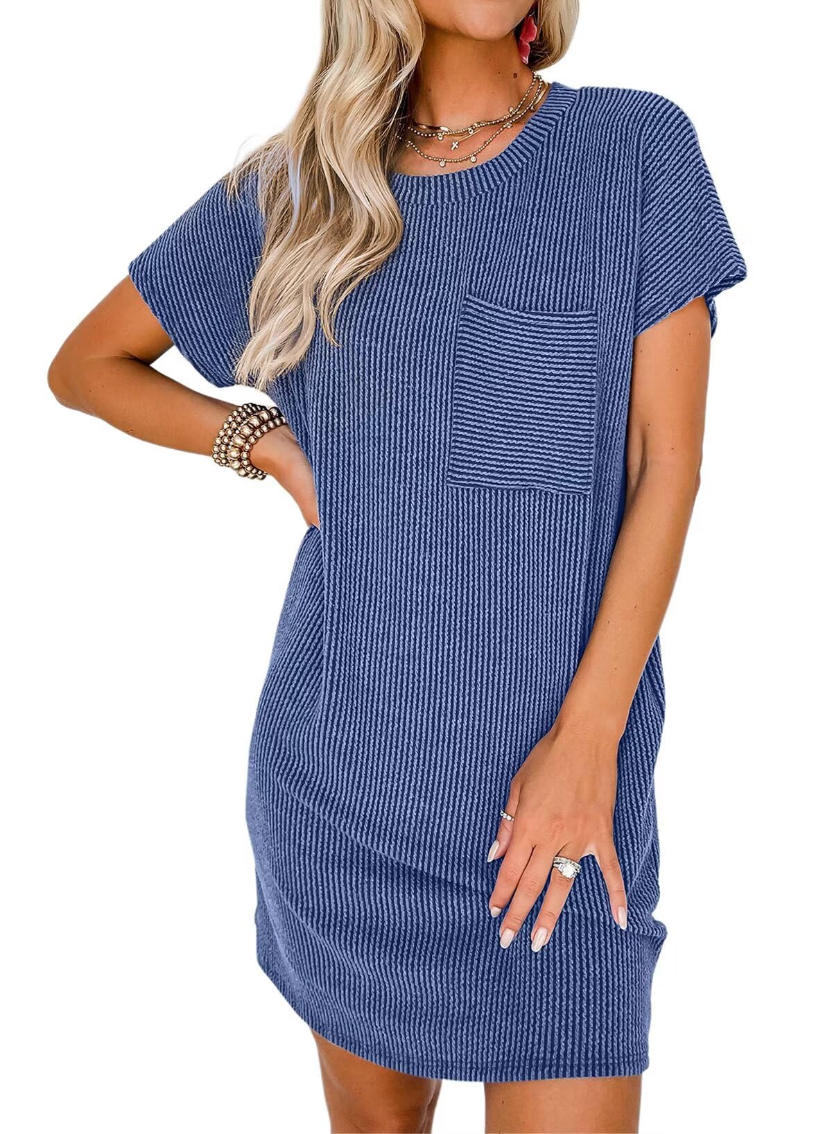 Crewneck Short Sleeve  Mini Dresses Blue