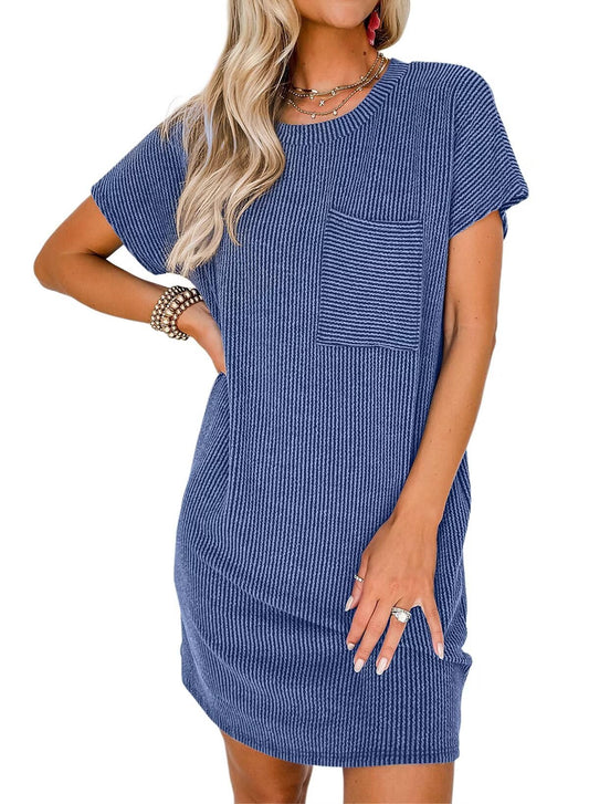Crewneck Short Sleeve  Mini Dresses Blue